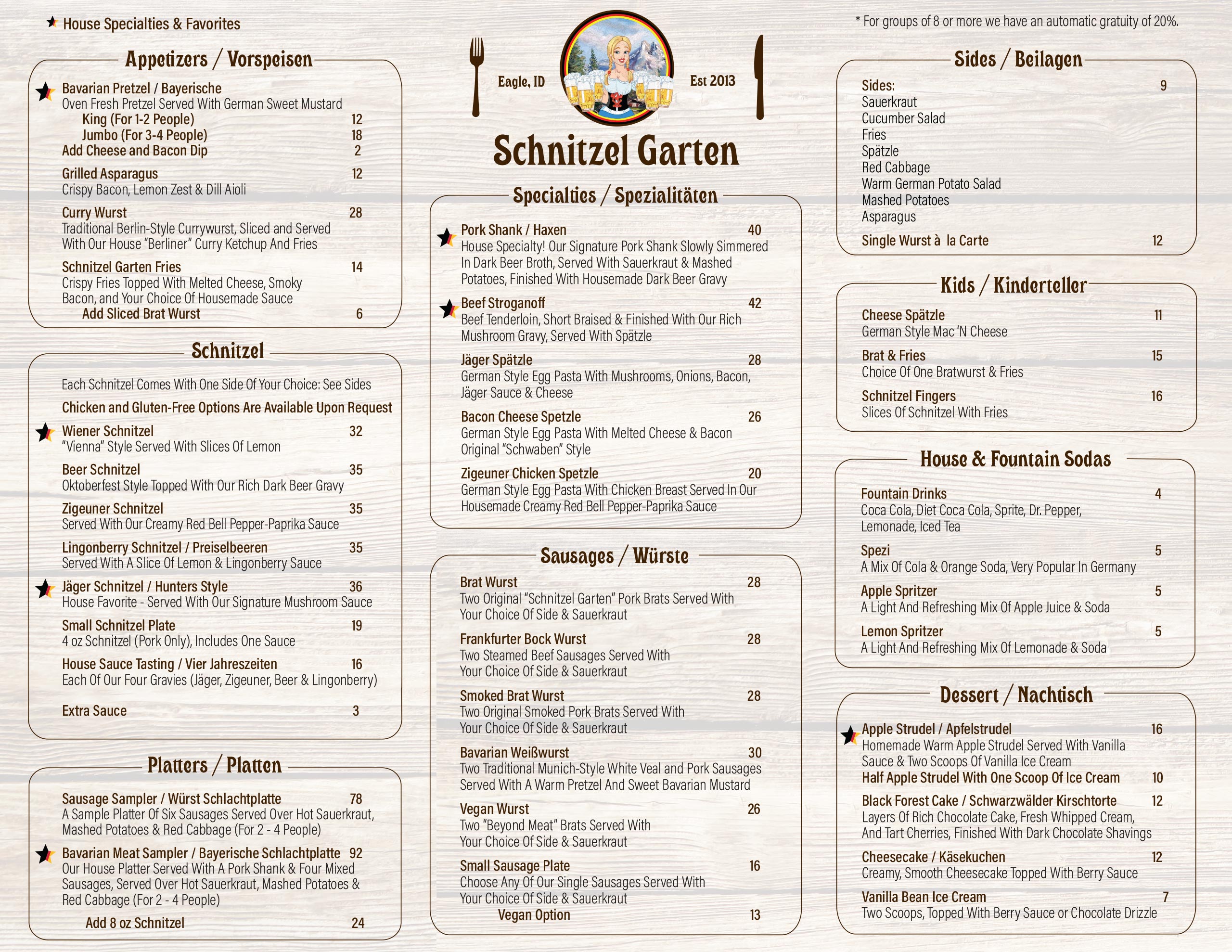 Schnitzel_Garten_Menu_2026_WEB Schnitzel Garten restaurant menu featuring German specialties, appetizers, schnitzels, sausages, platters, sides, kids' meals, desserts, and beverages, with prices listed.