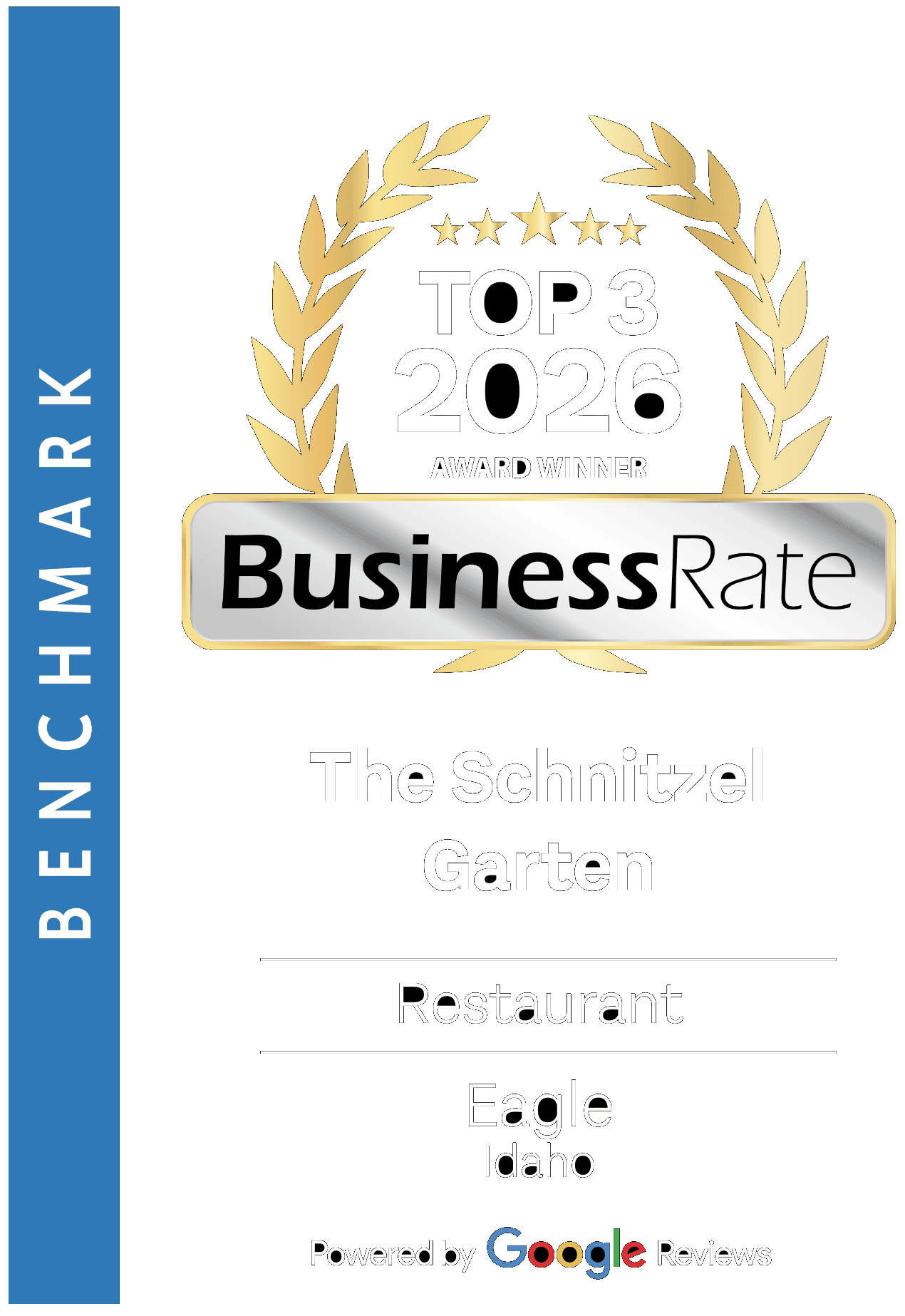 BusinessRate Top 3 Award Winner 2026 sign for The Schnitzel Garten restaurant in Eagle, Idaho, powered by Google Reviews.